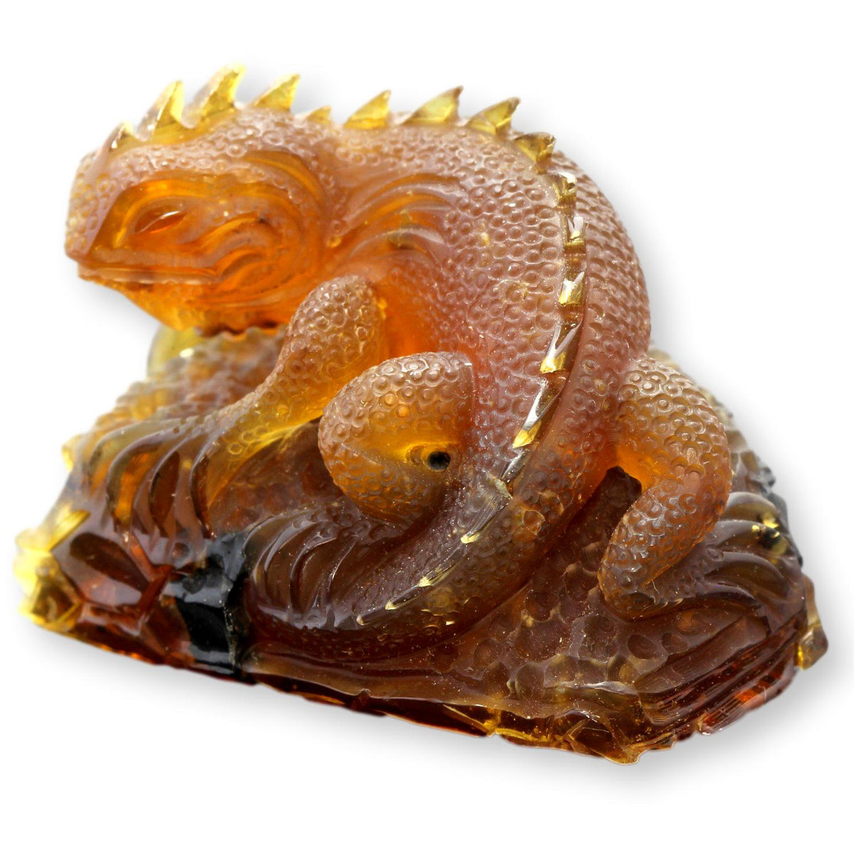 Hand-Carved Amber Lizard Sculpture with Wood Pedestal