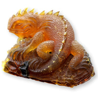 Hand-Carved Amber Lizard Sculpture with Wood Pedestal