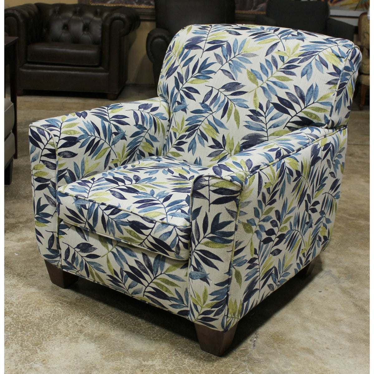 Blue & Cream Leaf Print Club Chair