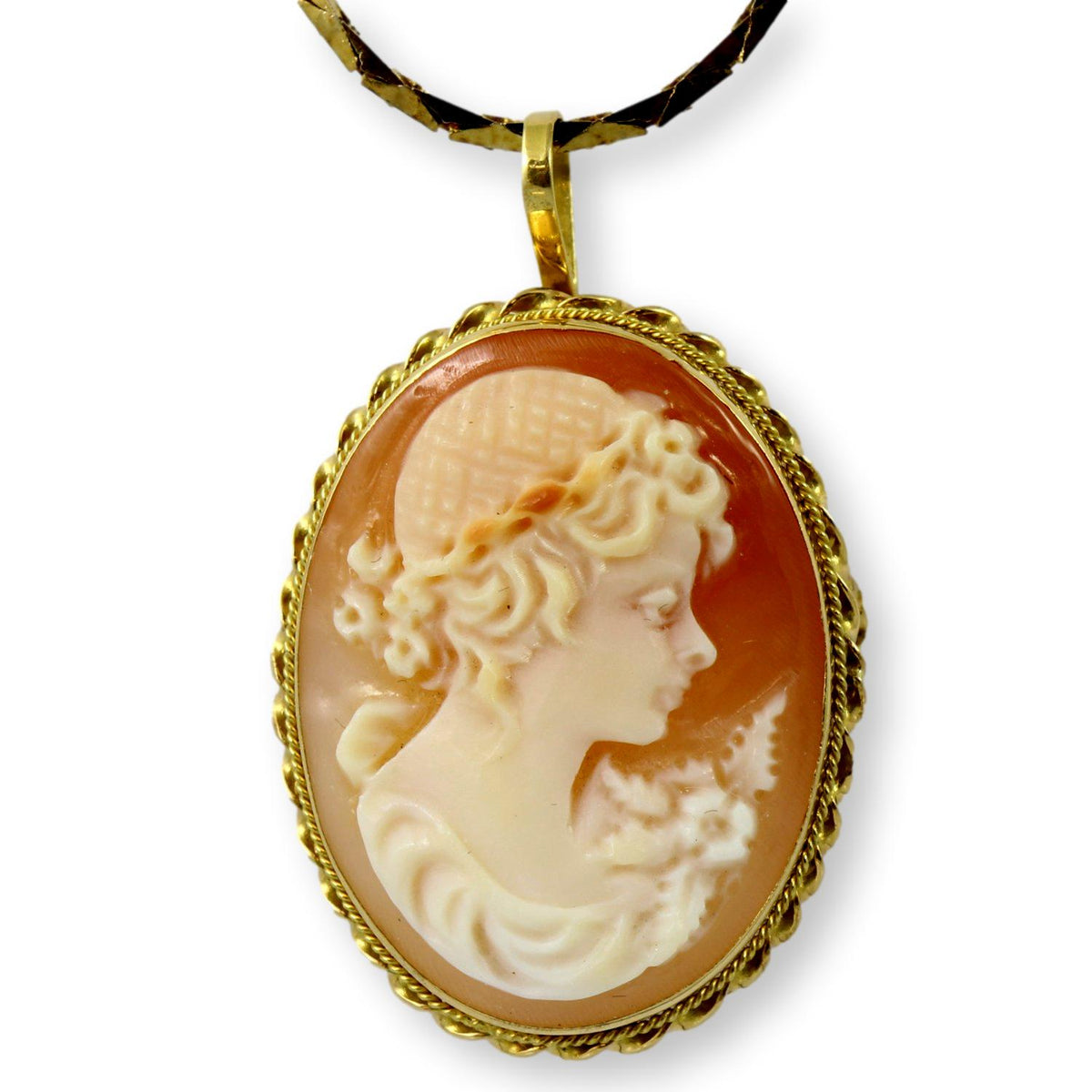 Italian 18K Yellow Gold Carved Shell Cameo Brooch Pendant