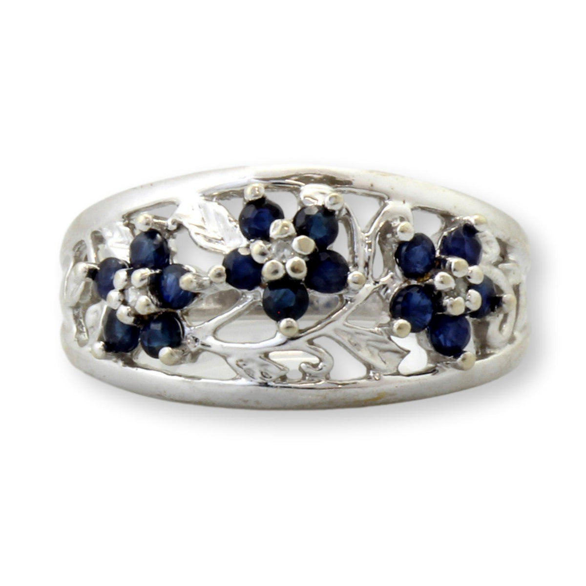 10K Gold Natural Blue Sapphire & Diamond Floral Motif  Ring