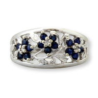 10K Gold Natural Blue Sapphire & Diamond Floral Motif  Ring