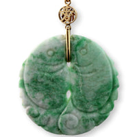 Vintage Jadeite Jade Double-Sided Fish Pendant 14K Gold Large Carved Disc 2.125”