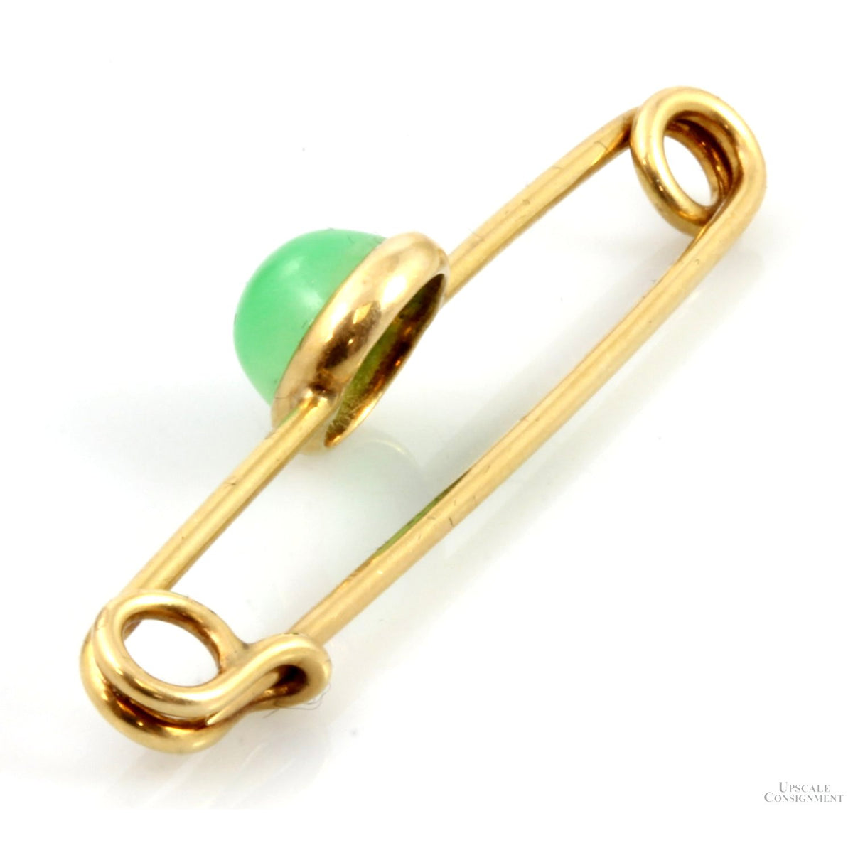 14K Gold Apple Green Jadeite Jade Safety-Pin Design Brooch