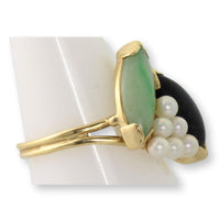 14K Jadeite, Black Coral & Pearl Ring | Hawaiiian Estate Jewelry