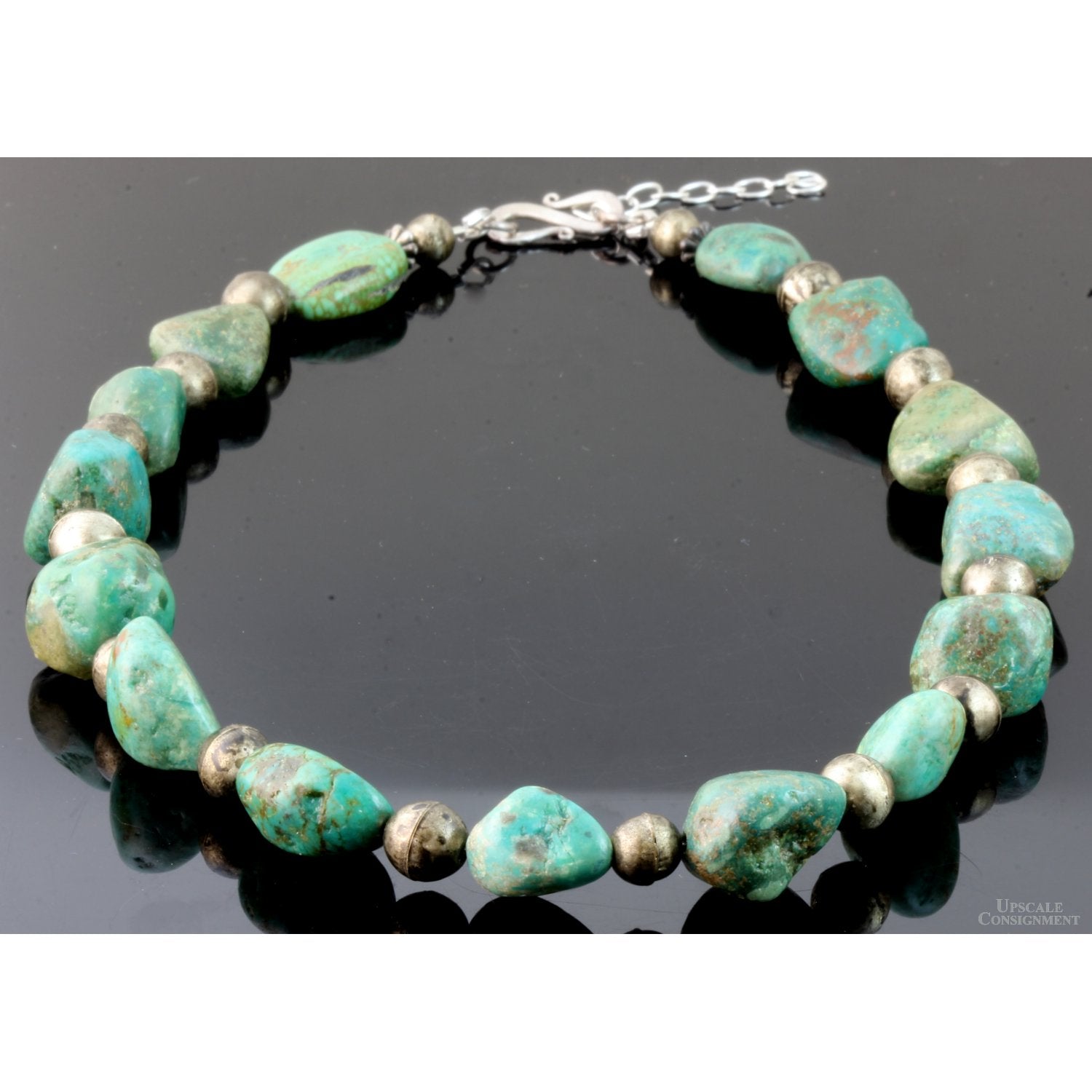 Green-Blue Turquoise Nugget & Silver Navajo Pearl Necklace