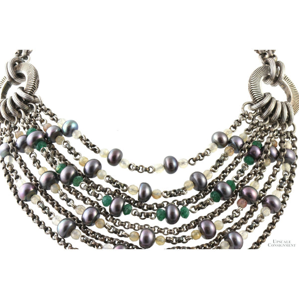 Stephen Dweck Multi-Strand Sterling Silver Necklace with Gray Pearls & Mixed Gemstones