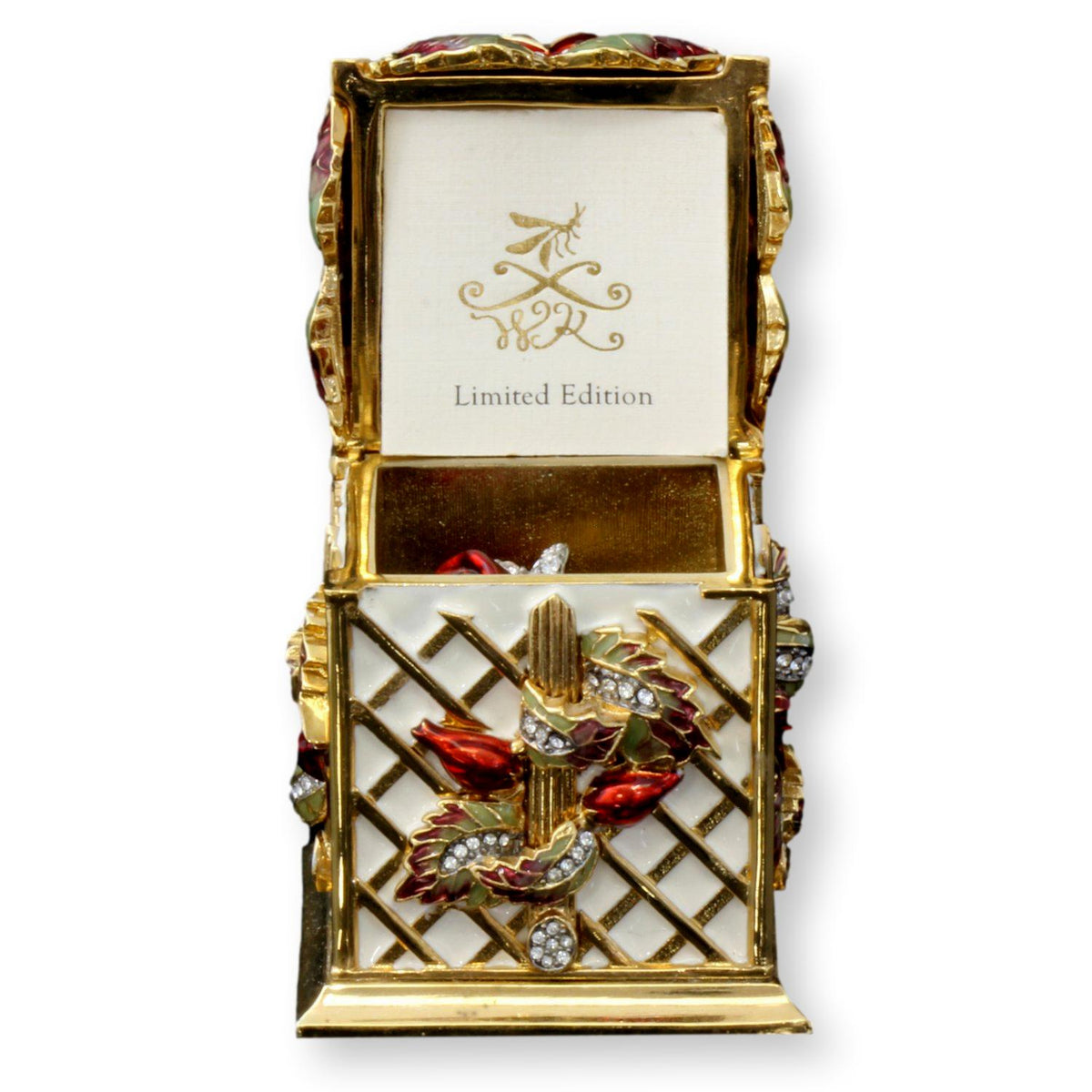 22K Gold Plate & Enamel Rose Box & Lapel Pin Ltd Edition