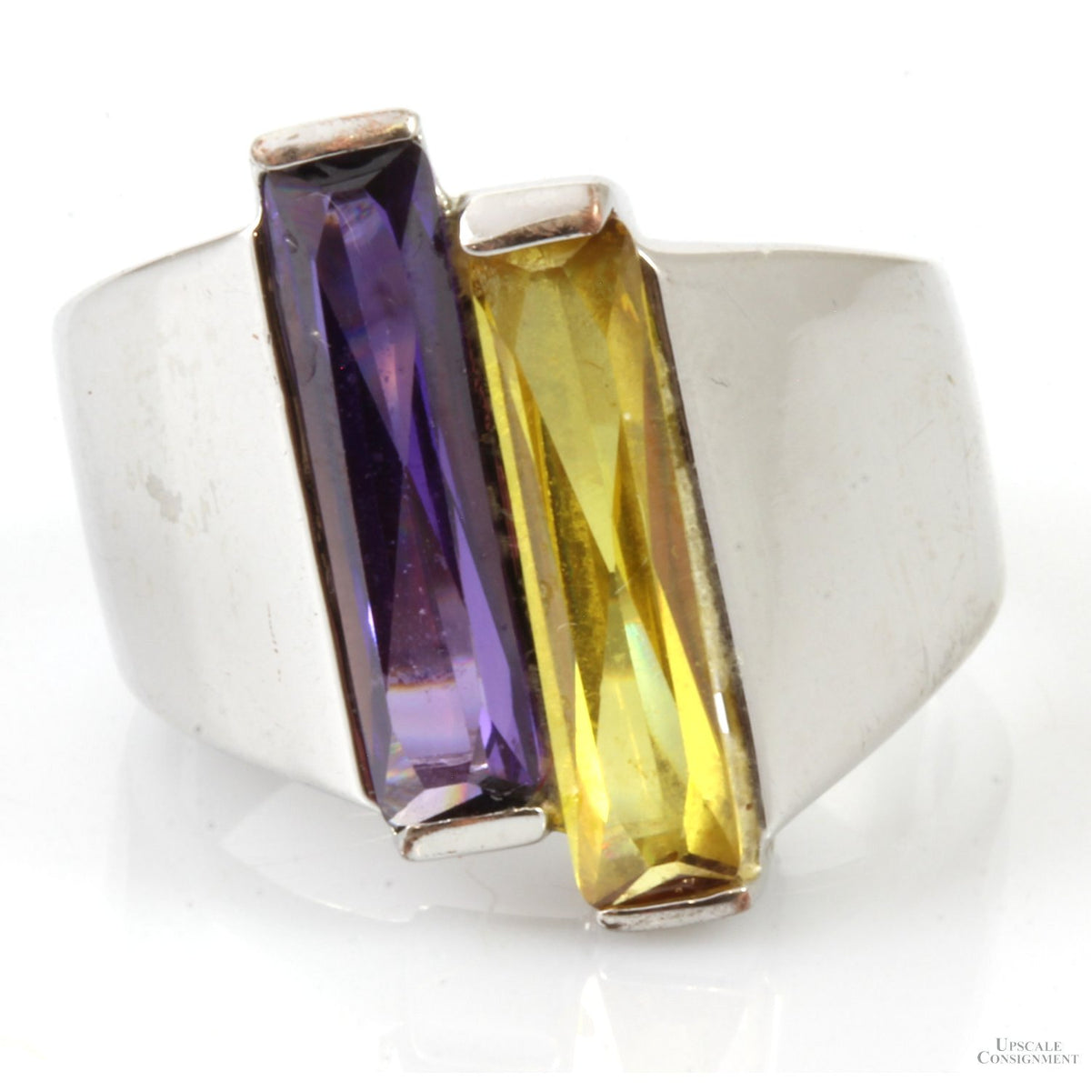 MCM Modernist Purple & Yellow Baguette Shape CZ Sterling Silver Ring