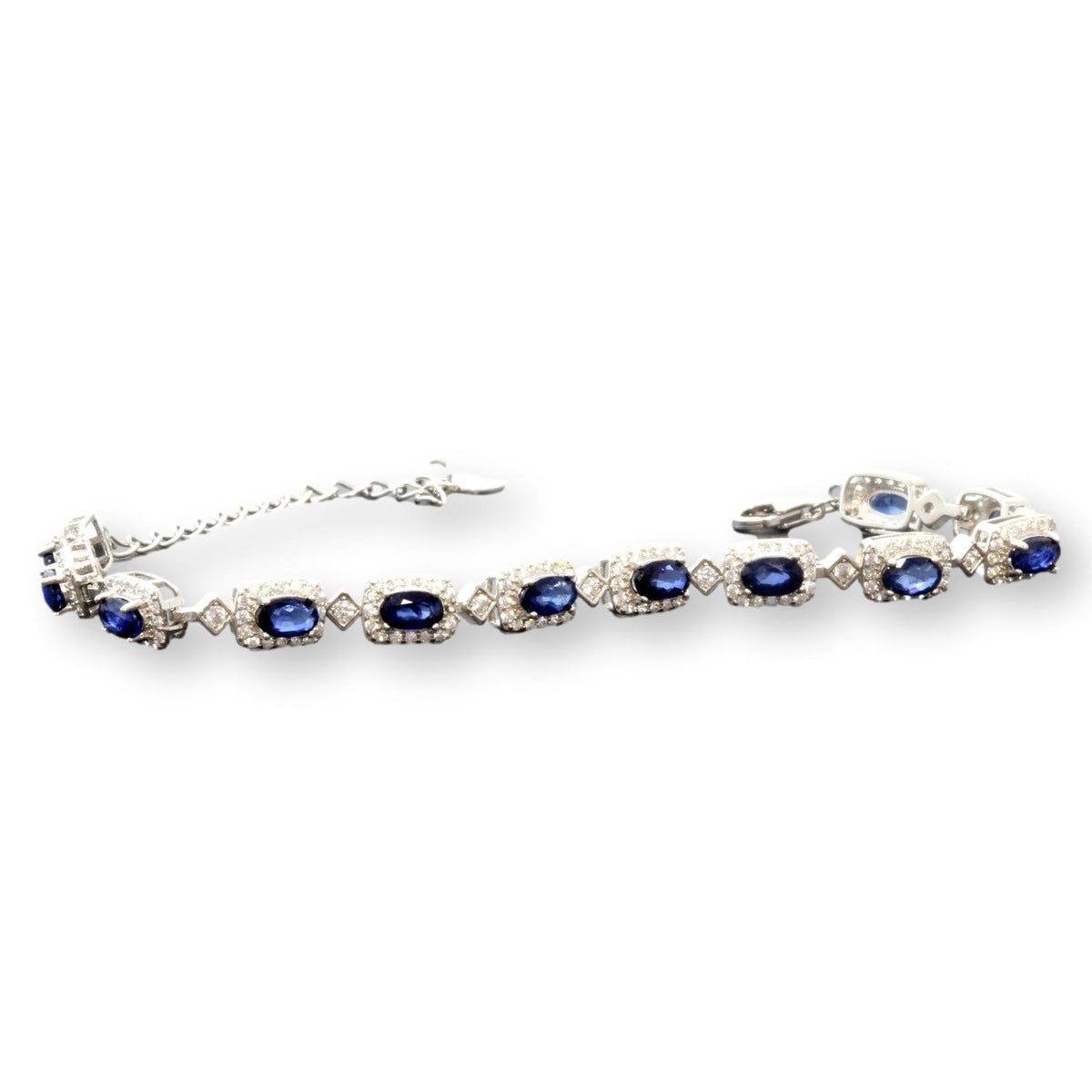Sterling Silver Natural Sapphire & Colorless Stone Link Bracelet