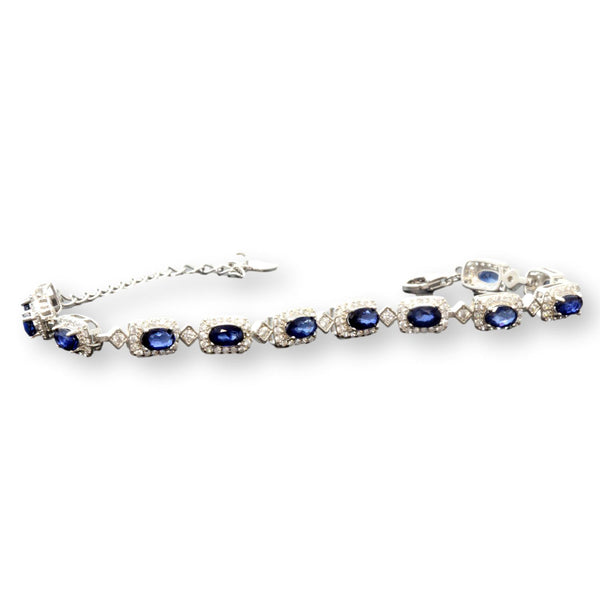 Sterling Silver Natural Sapphire & Colorless Stone Link Bracelet