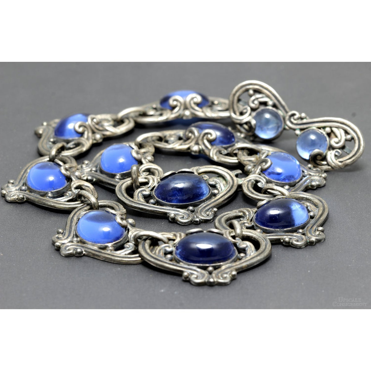 Margot de Taxco #5213 Hearts Sterling Silver Necklace & Earring Set with Sapphire-Blue Glass Cabochons