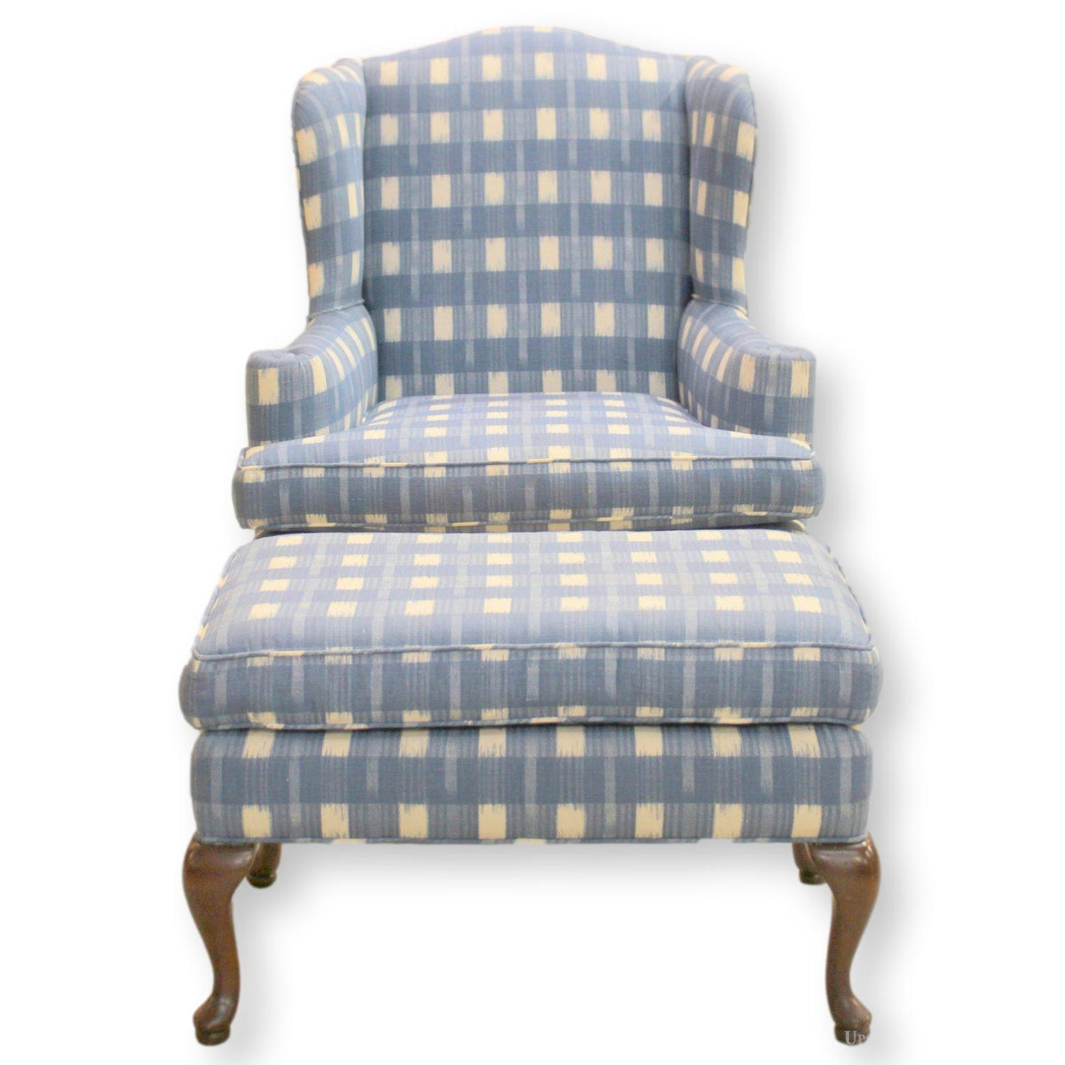 Blue & White Gingham Wingback Chair w/Ottoman