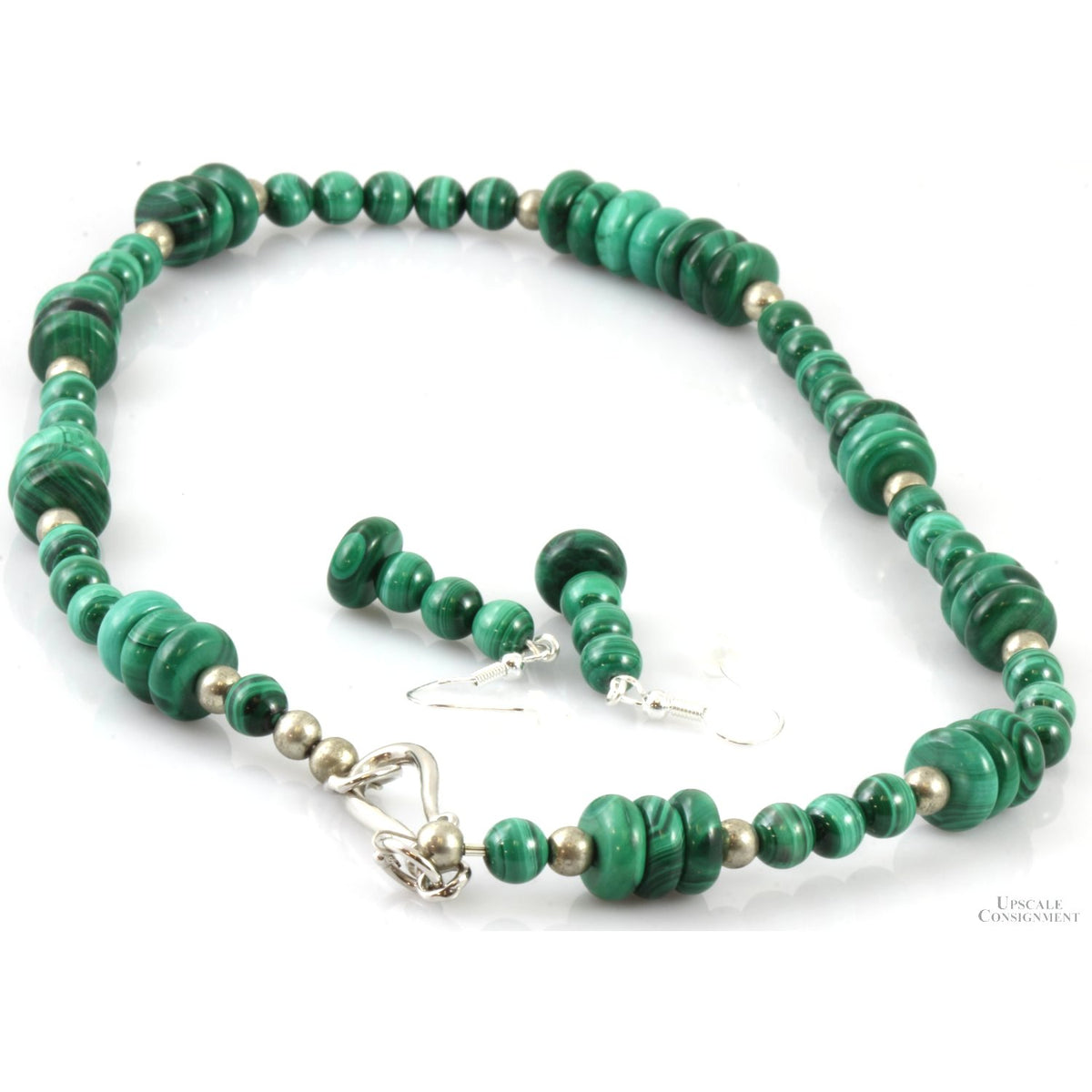 Malachite & Sterling Silver Bead Necklace & Drop Earring Set