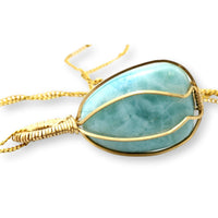 14K Gold Wire Wrapped Larimar Pendant 12K GP 18" Chain