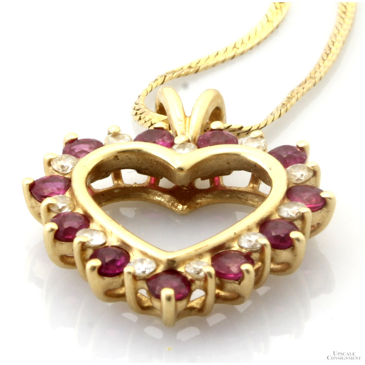14K Gold Natural Ruby & Diamond Heart Pendant Necklace