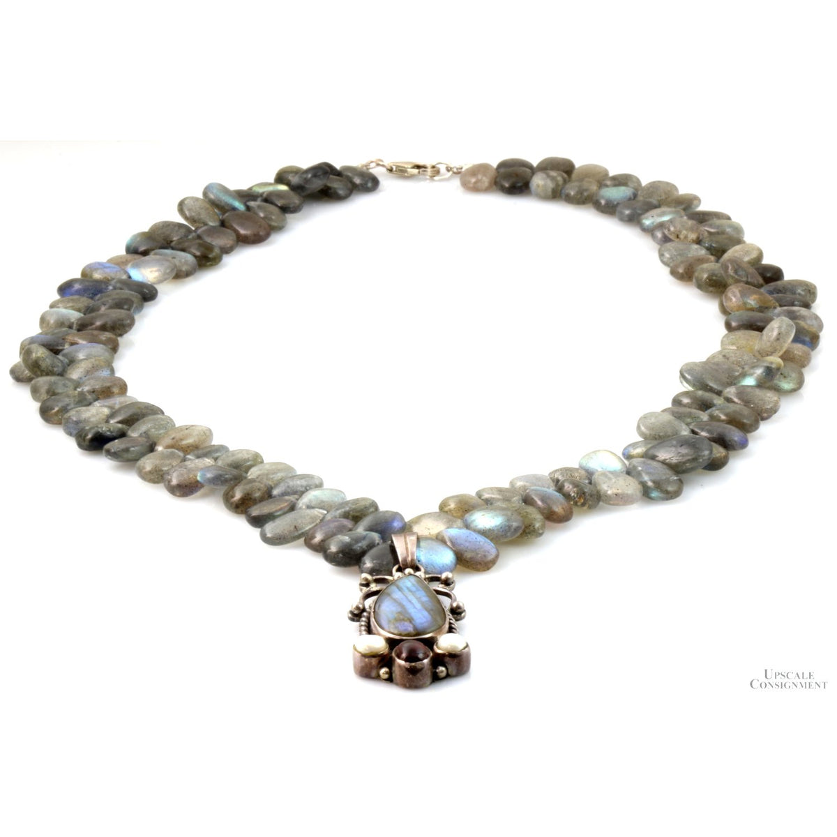 Sterling Silver Labradorite Pearl Amber Bead Pendant Necklace