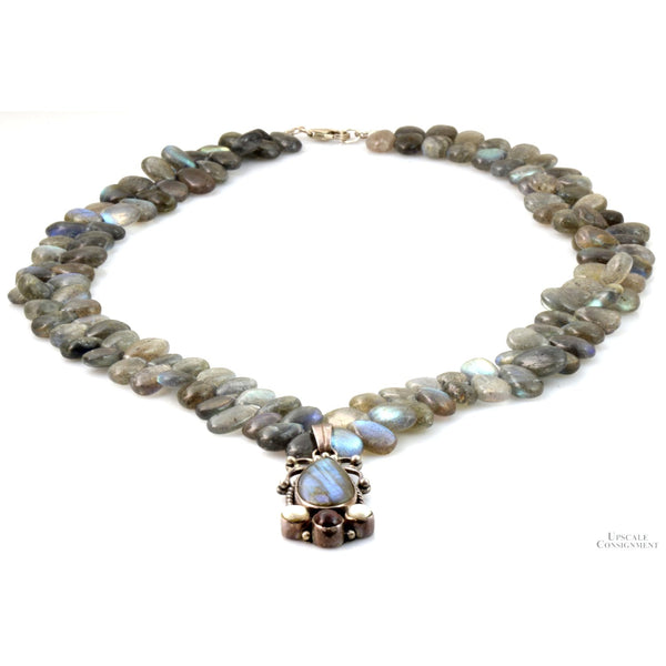 Sterling Silver Labradorite Pearl Amber Bead Pendant Necklace