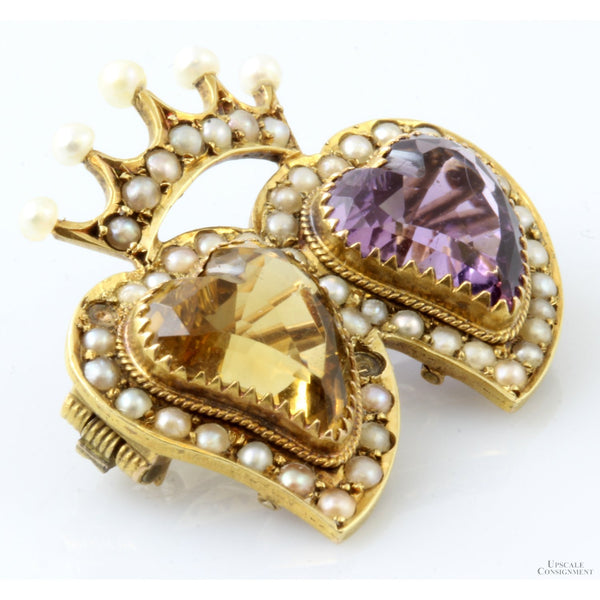 Amethyst Citrine Pearl Double Heart 15K Gold Antique Sweetheart Pendant-Brooch