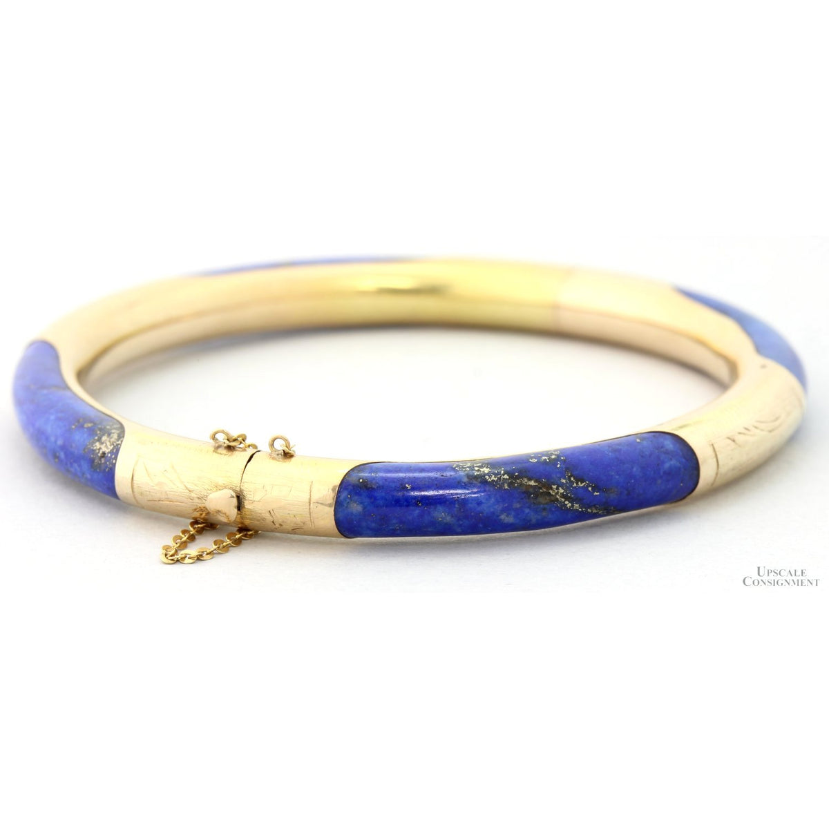 Vintage 14K Gold & Lapis Hinged Bangle | Natural Pyrite Inclusions