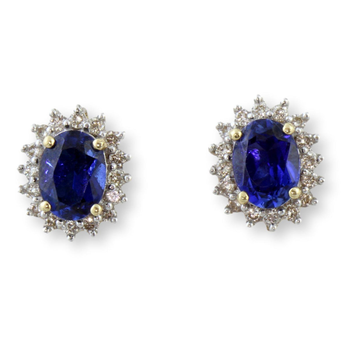 Signed Diamond Halo Blue Sapphire Earrings in 14K Gold