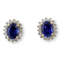 Signed Diamond Halo Blue Sapphire Earrings in 14K Gold