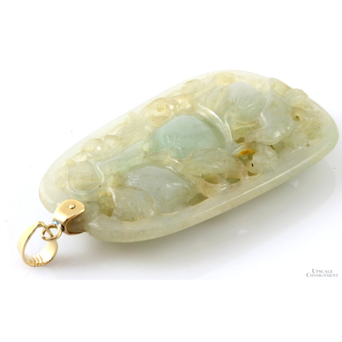 Apple Green Jadeite Jade Open Carved Design 14K Gold Pendant