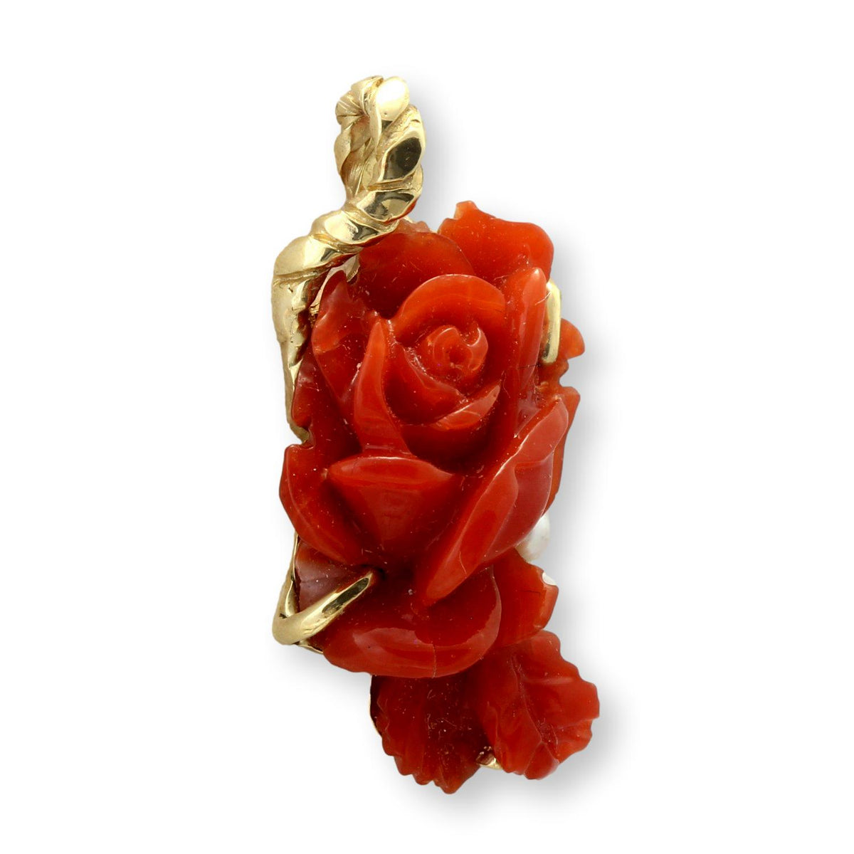 Custom 14K Gold Carved Coral Rose & Pearl Pendant