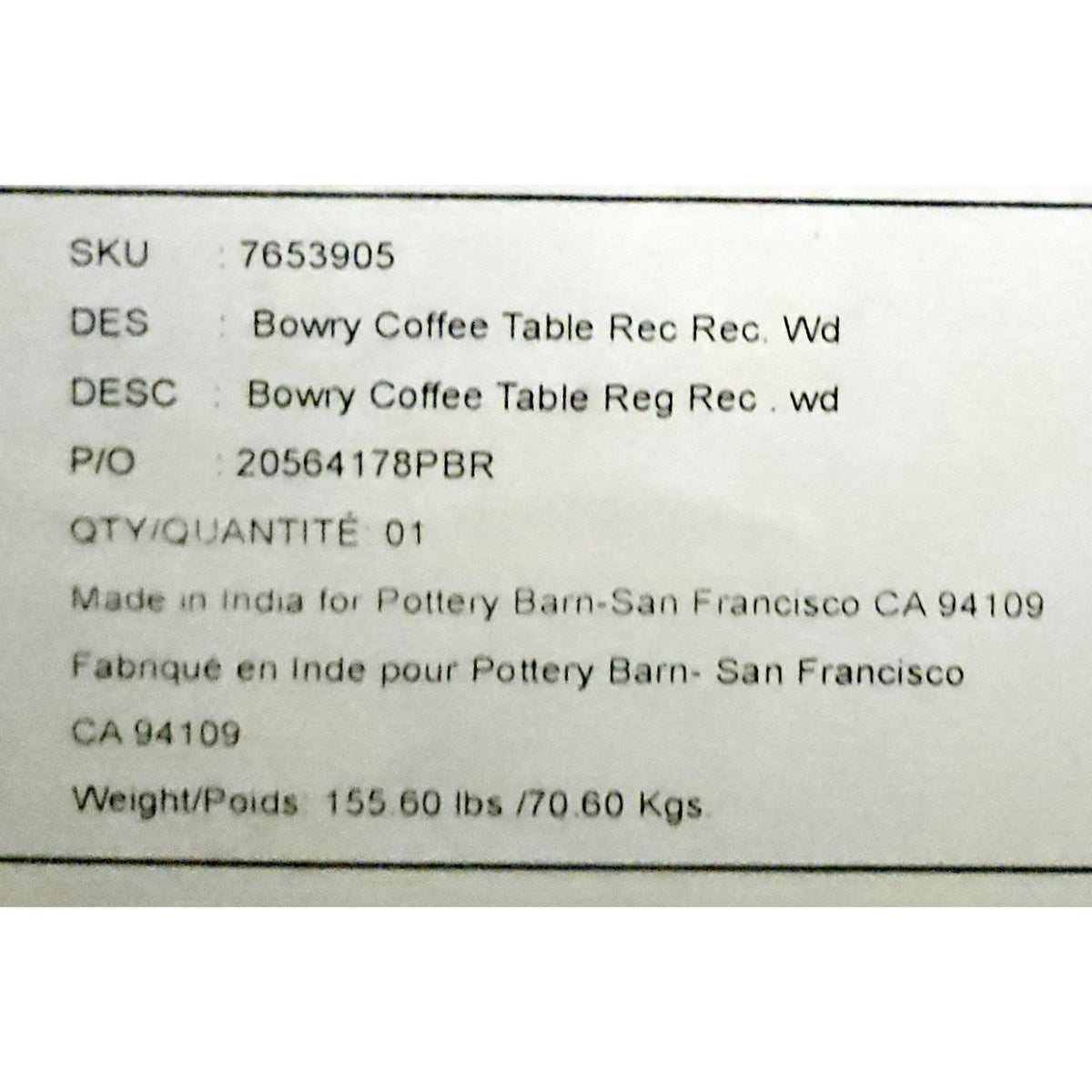 Pottery Barn 'Bowry' Coffee Table