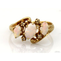Vintage 14K Yellow Gold Natural Opal & Diamond Ring – Three Stone Opal Ring