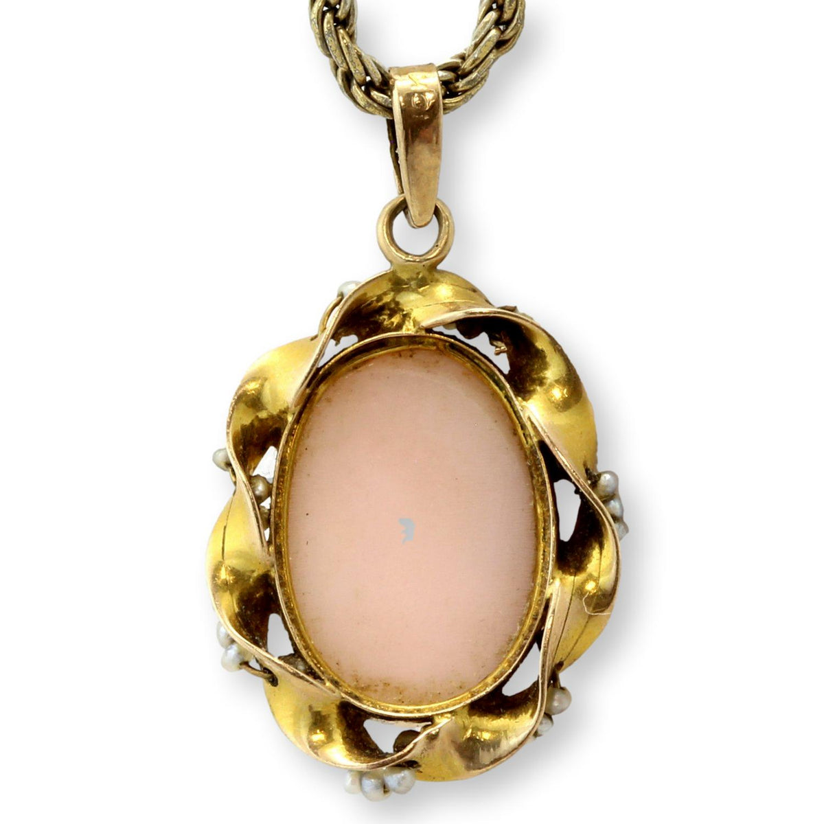 14K Gold Shell Cameo Pendant Hand-Wired Nataural Seed Pearls