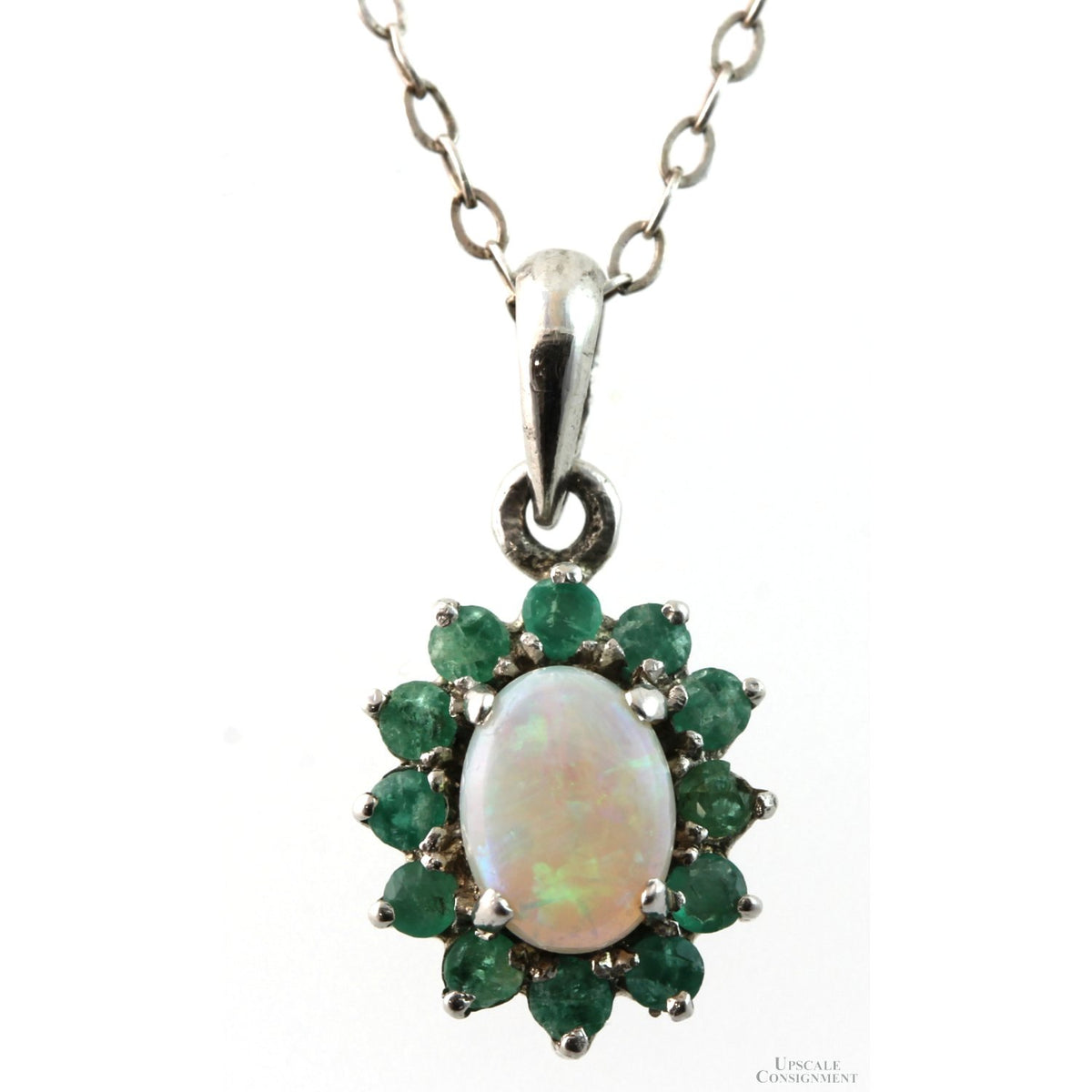 Natural Crystal Opal & Emerald Halo Sterling Silver Necklace