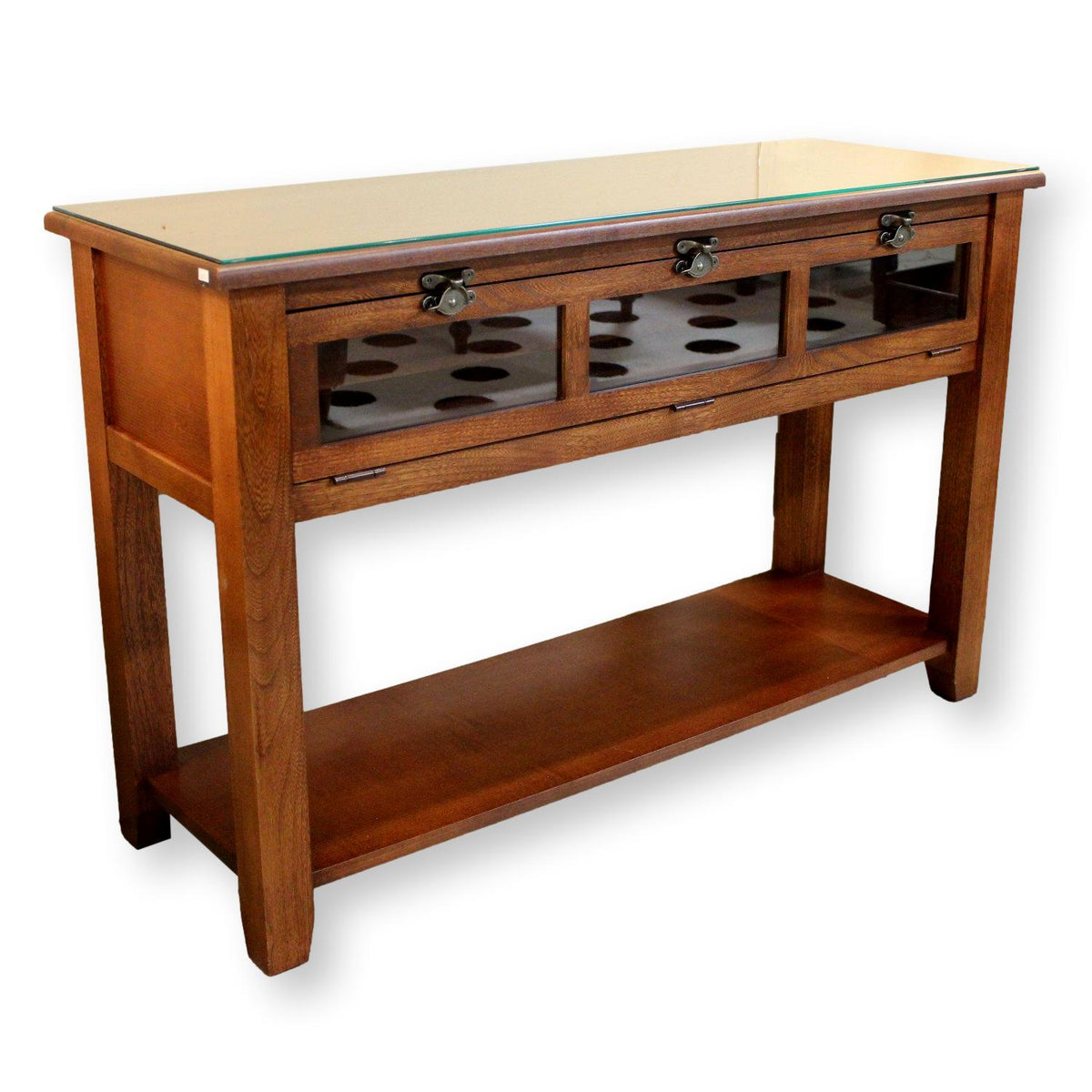 Oak Console Table w/Glass Front Storage