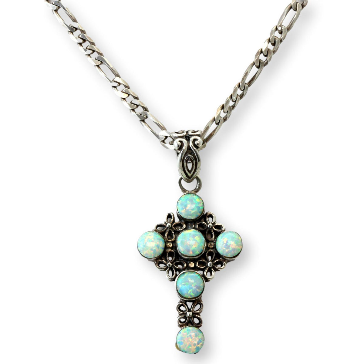 Vintage Sterling Silver White Created-Opal Cross Pendant & Chain
