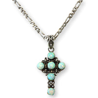 Vintage Sterling Silver White Created-Opal Cross Pendant & Chain