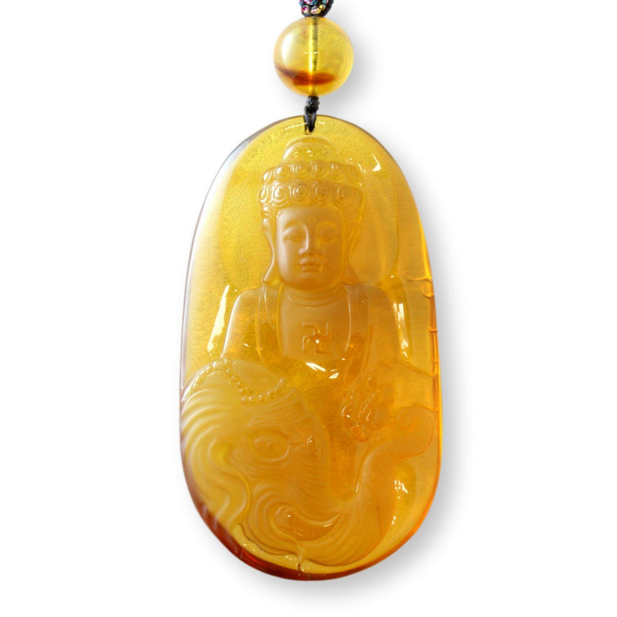 Carved Buddha Cameo Pendant Burmese Myanmar Amber, Silk Cord