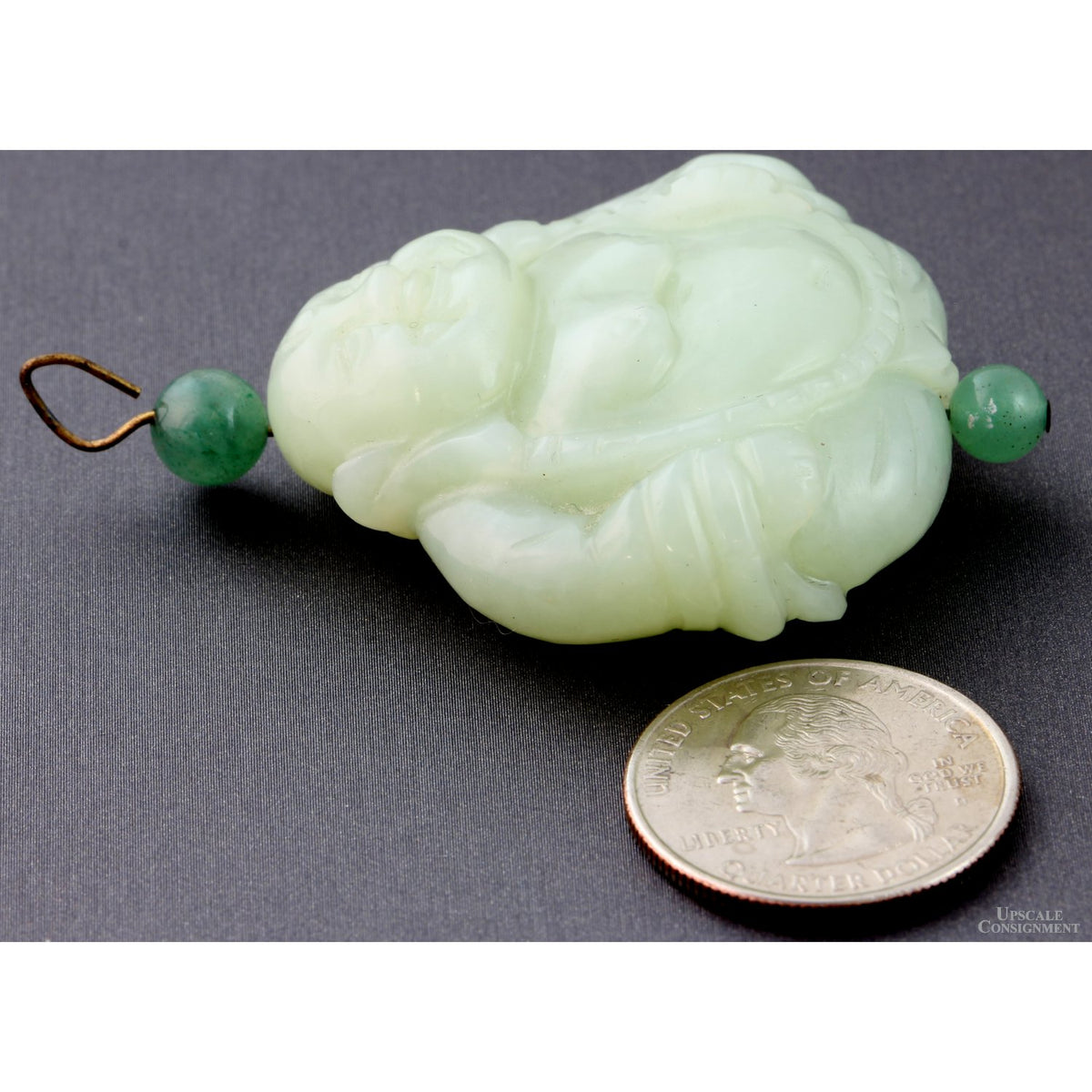 Carved Celadon Nephrite Jade Happy Buddha Pendant - 39.83G
