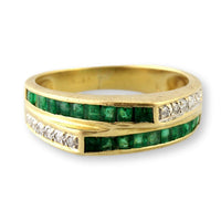 18K Yellow Gold Diamond & Emerald Ring – Tiered Deco-Inspired Design
