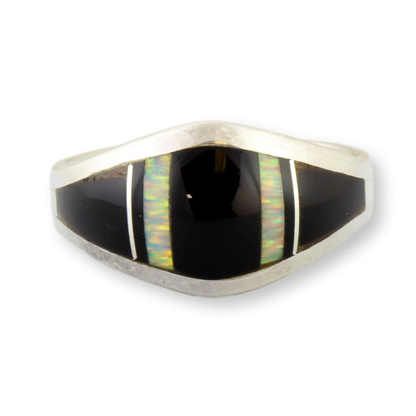 Black Onyx & Fiery Opal Sterling Silver Ring by Navajo Sheila Tso