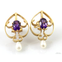 1.08ctw Natural Amethyst & Pearl 14K Yellow Gold Earrings