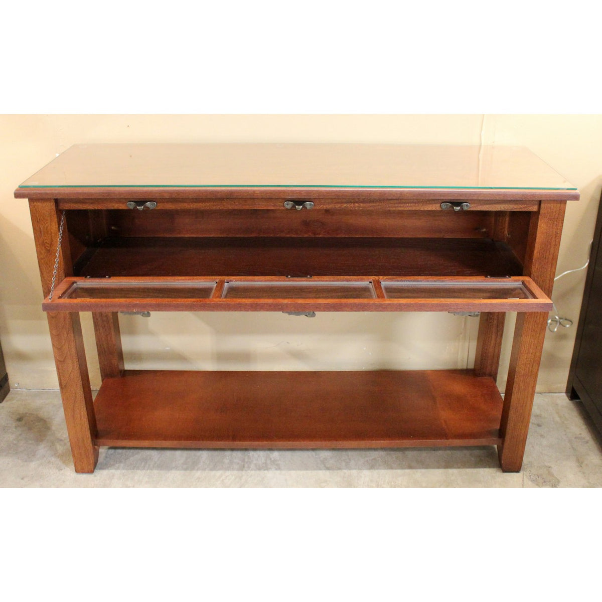 Oak Console Table w/Glass Front Storage
