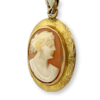 Vintage 14K Gold Shell Cameo Pendant Classical Lady Profile Mid-Century