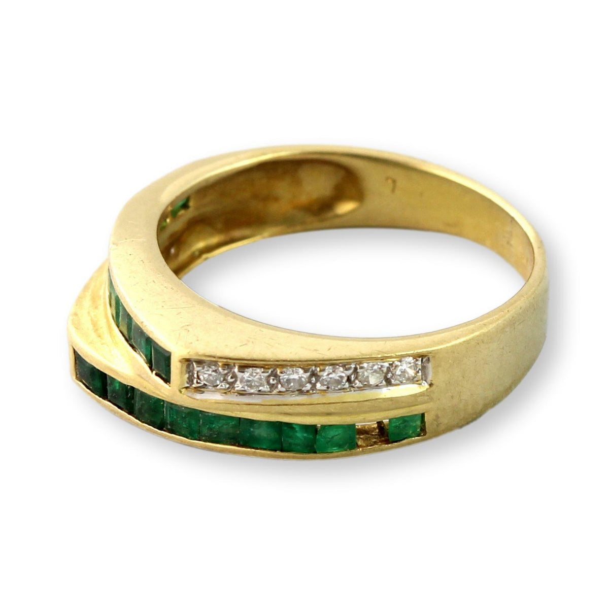 18K Yellow Gold Diamond & Emerald Ring – Tiered Deco-Inspired Design