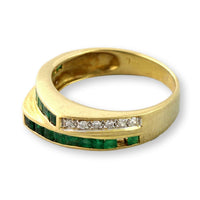 18K Yellow Gold Diamond & Emerald Ring – Tiered Deco-Inspired Design