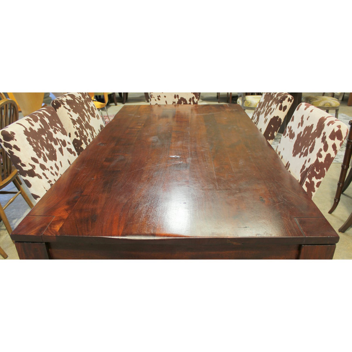 Solid Wood Distressed Dining Table w/6 Cowhide Print Chairs