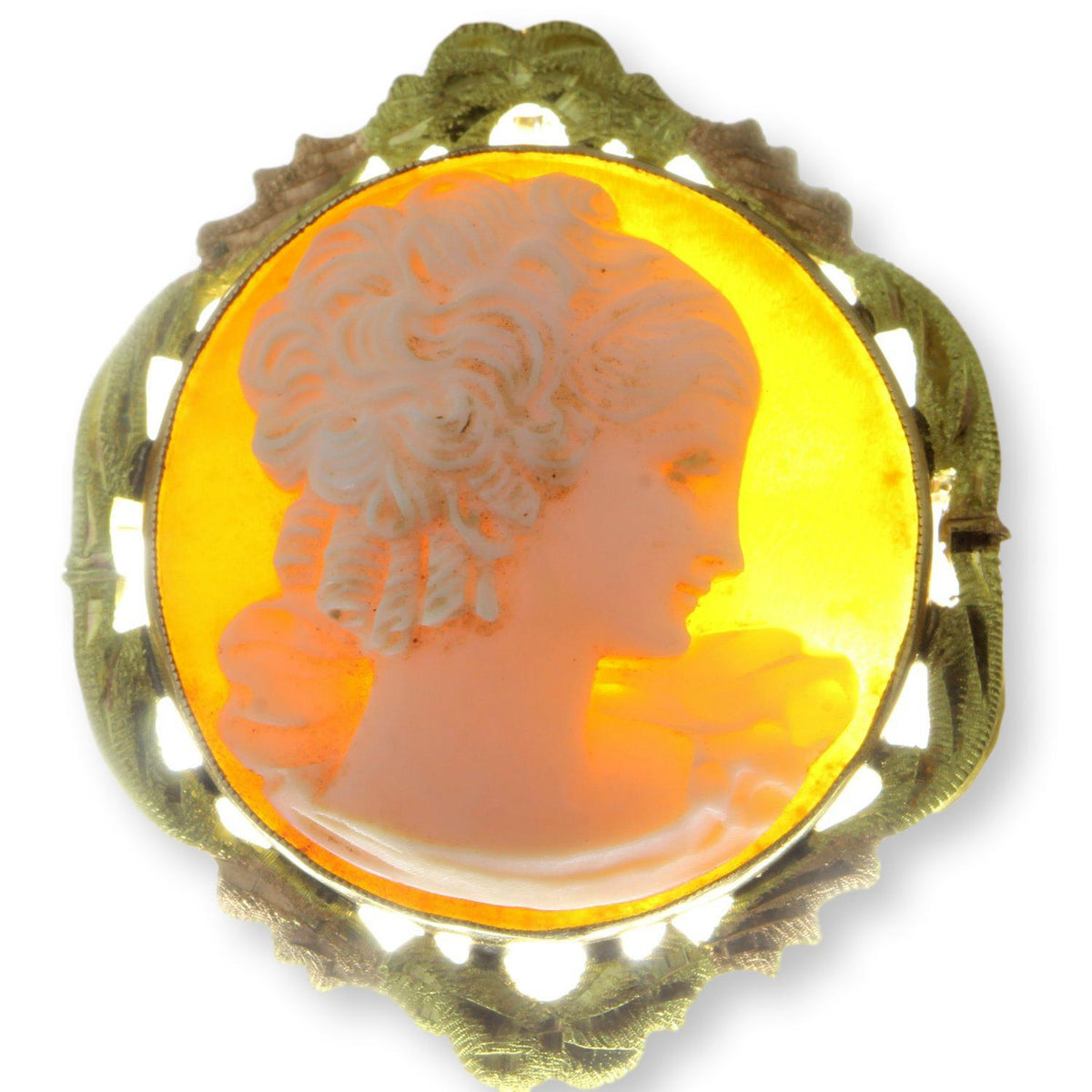 10K Yellow & Rose Gold Hand-Carved Shell Cameo Convertible Brooch Pendant with 14K Gold Chain
