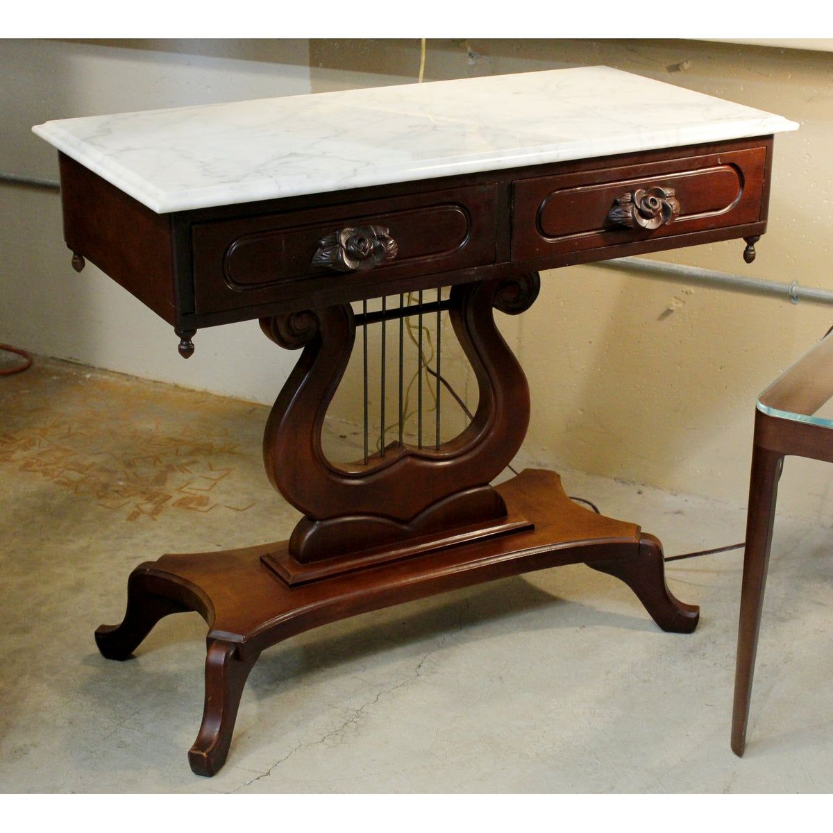 Vintage Harp Table w/White Marble Top