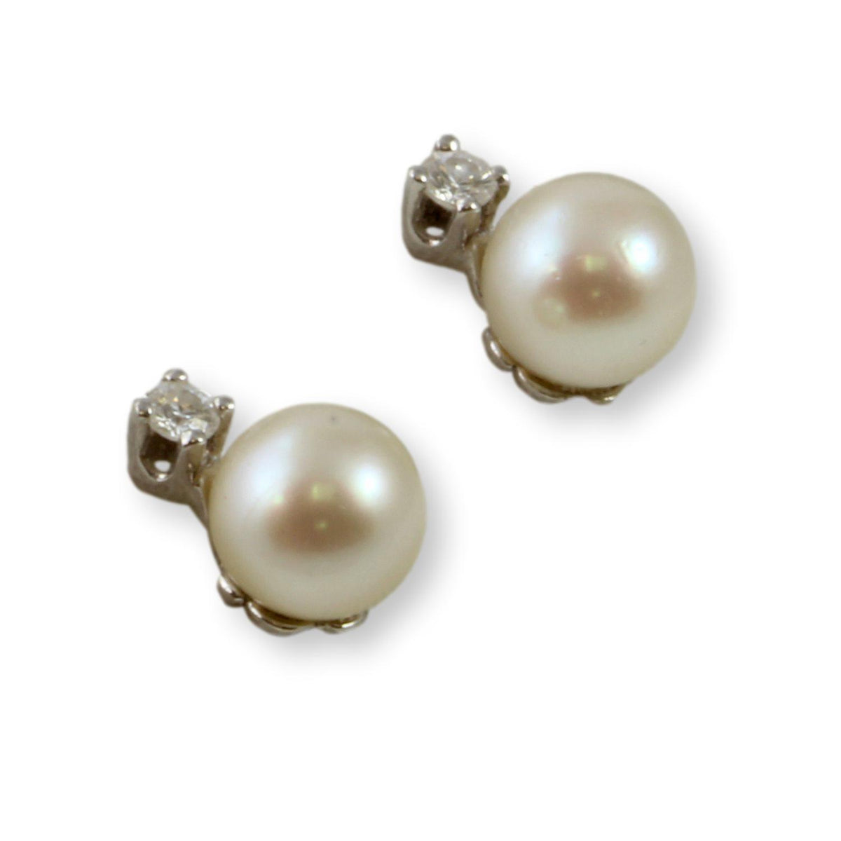 7.5mm Ivory Pearl & Diamond 14K Gold Stud Earrings