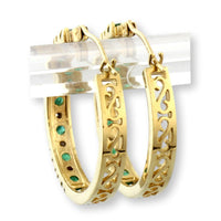 Natural Emerald & Diamond Hoop Earrings in 14K Gold