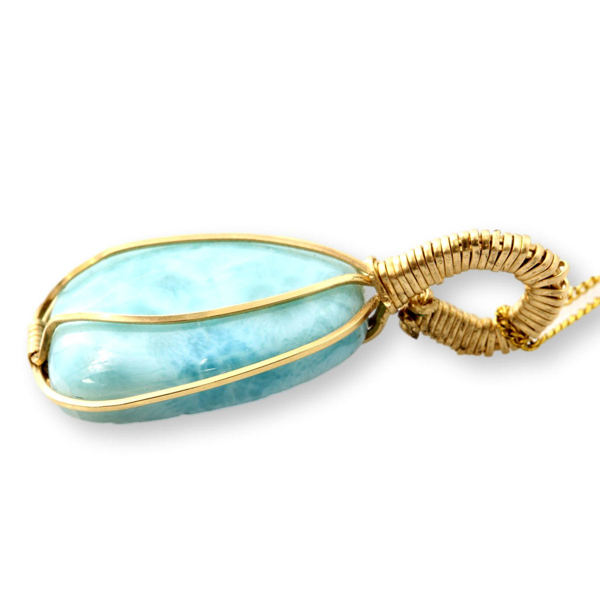 14K Gold Wire Wrapped Larimar Pendant 12K GP 18" Chain